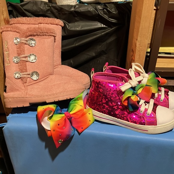 EUC Girls Size 3 Hot Pink Sequin High Top w/ Rainbow Bow Hightop, Bebe Boot +Bow - Picture 1 of 14